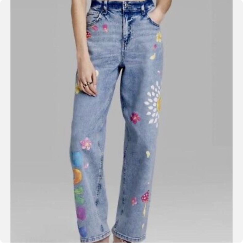 WOMENS WILD FABLE HIGH RISE
PAINTED DENIM DAD JEANS SUN
FLORAL MUSHROOM
